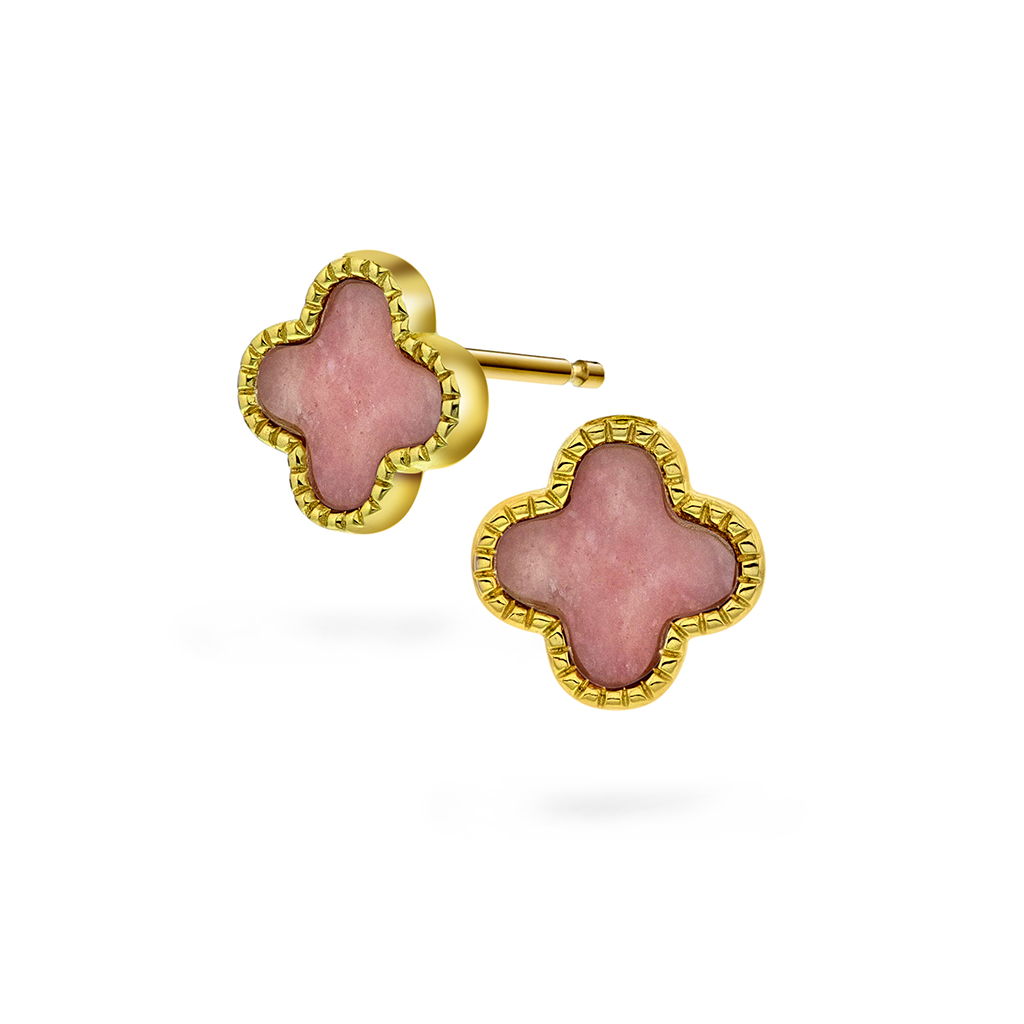 Pan Jewelry, Kløver øredobber i forgylt 925 sølv med rosa rhodokrositt