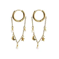 Øredobber i forgylt stål med måne, stjerne og ferskvannsperler