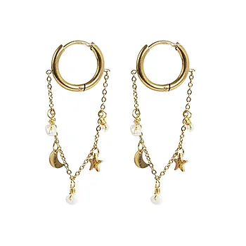 Øredobber i forgylt stål med måne, stjerne og ferskvannsperler