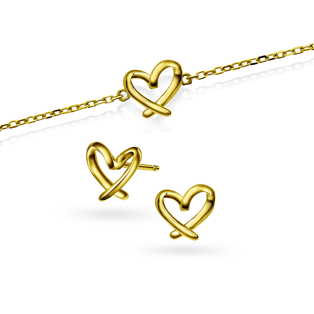 Pan Jewelry, Smykkesett med armbånd og øredobber i forgylt 925 sølv med hjerte