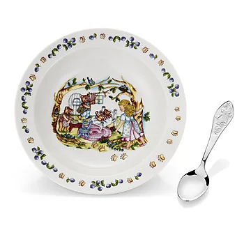 Gullhår grøtskål til barn med skje