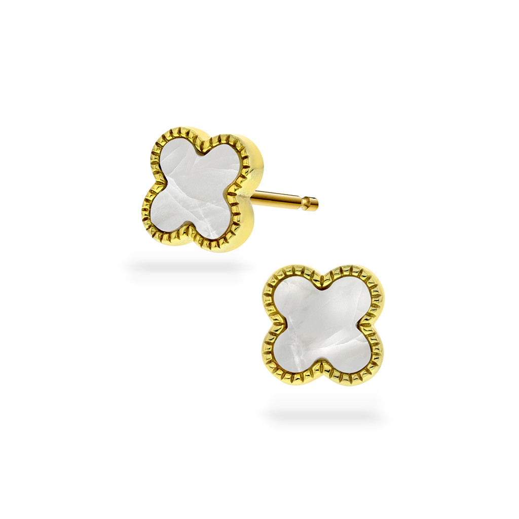Pan Jewelry, Kløver øredobber i forgylt 925 sølv med hvit perlemor