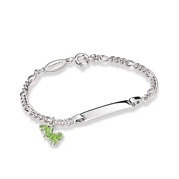 Armbånd til barn i 925 sølv med grønn dinosaur og graveringsplate