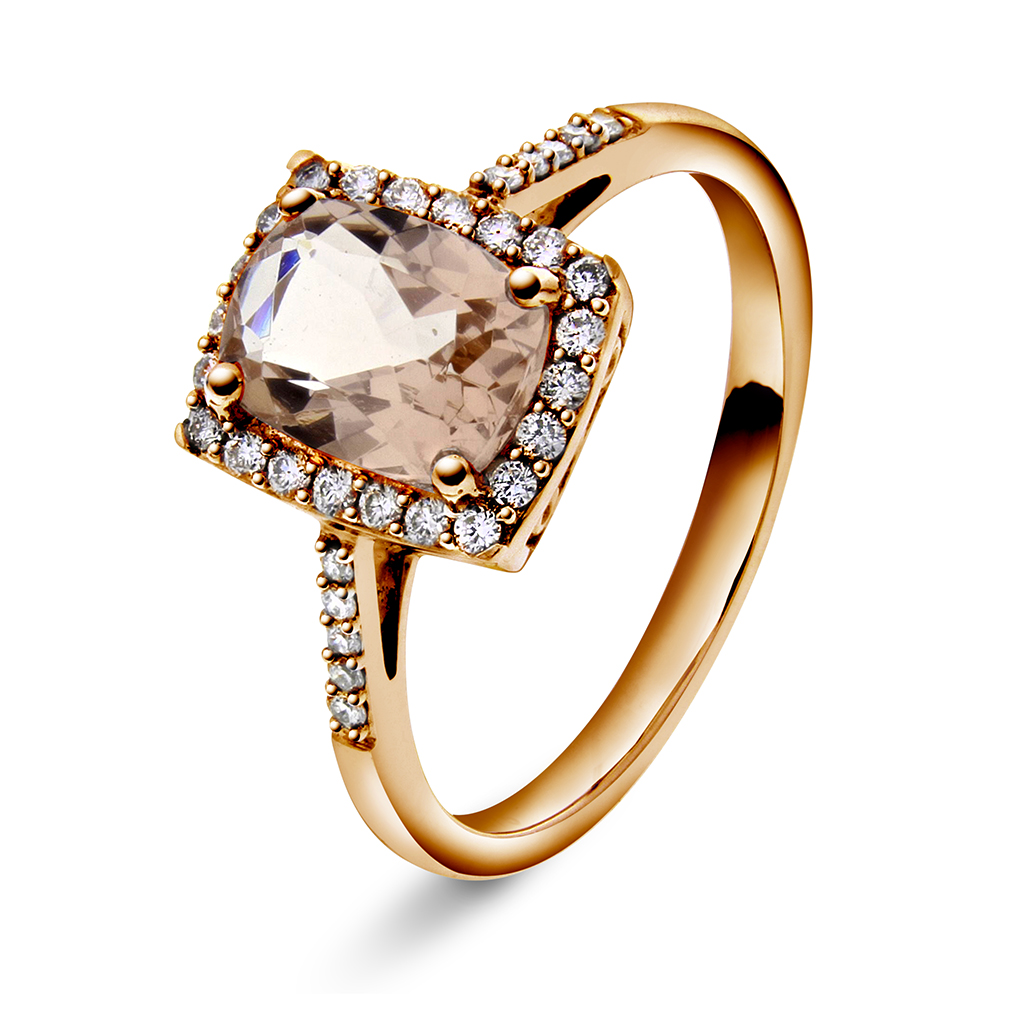 Jacqueline diamantring i 375 roségull med diamanter 0,20 ct og morganitt