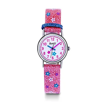Barneklokke med rosa rem og blomster