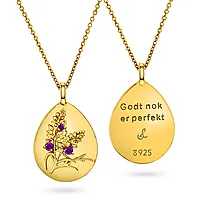 Amulett i 925 forgylt sølv med teksten "Godt nok er perfekt" og ametyst