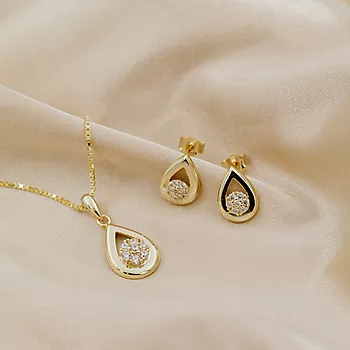 Bilde nummer 4 av Pan Jewelry, Smykkesett i 925 forgylt sølv med zirkonia og dråpe