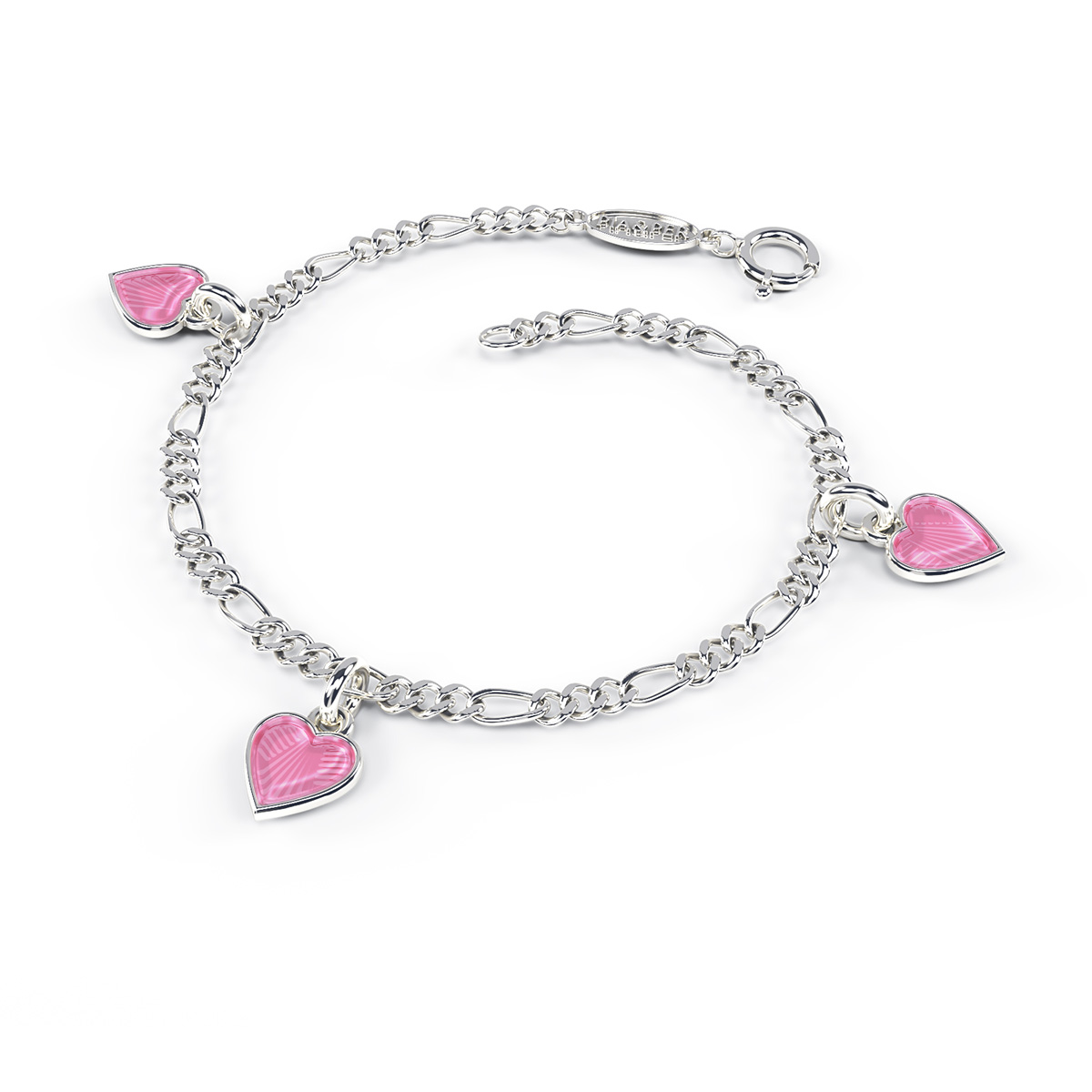 Pia&Per, Armbånd i 925 sølv med charms av rosa emalje hjerter