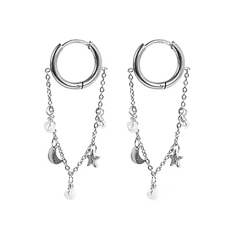 Øredobber i stål med måne, stjerne og ferskvannsperler