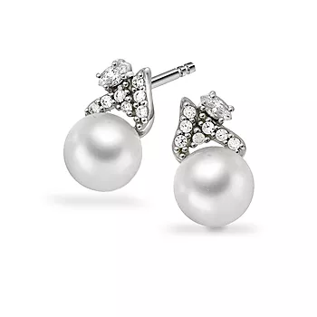 Pan Jewelry, Øredobber i 585 hvitt gull med ferskvannsperler og zirkonia