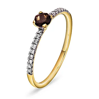 Diamantring i 585 gult gull 0,10 ct med røykkvarts