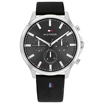 Tommy Hilfiger, Herreklokke i stål med sort skinnrem