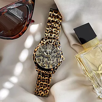 Bilde nummer 4 av Guess, Sport dameklokke med stållenke og leopardmønster