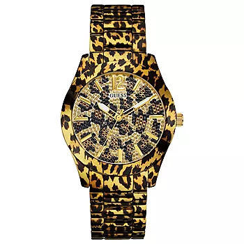Guess, Sport dameklokke med stållenke og leopardmønster