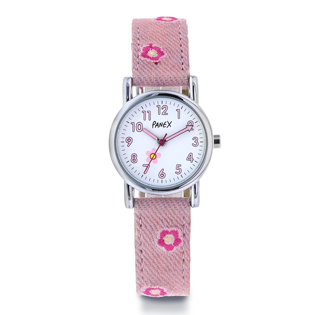 Barneklokke med rosa rem med blomster