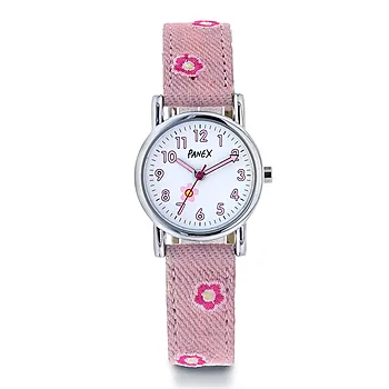 Barneklokke med rosa rem med blomster